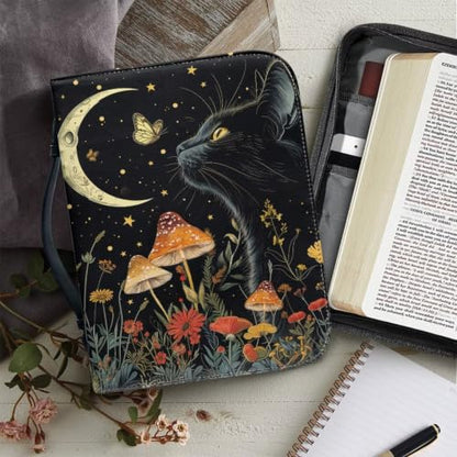 Black Cat Moon Leather Bible Cover for Women with Handle - color: Black Cat Moon, size: 2XL