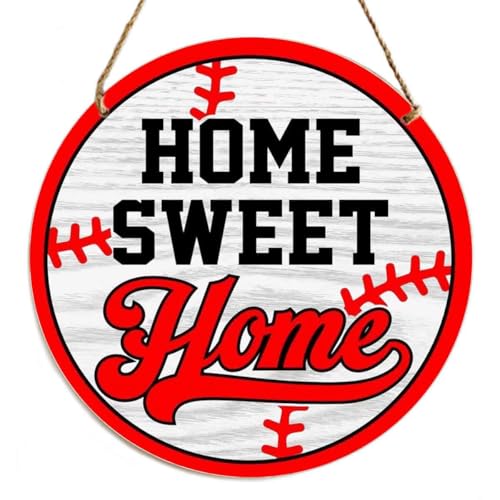 Baseball Home Sweet Home Sign - 12 Inch Round Wood Front Door Hanger - Sports Themed Welcome Plaque Wall Decor for Living Room Porch Bedroom Kids Room Office with Hanging Rope - color: Home Sweet Home Baseball
