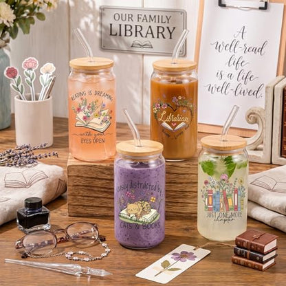 Glass Cups with Lids and Straws, 4Pack, 16oz, Bookworm Book - style: Book Lover
