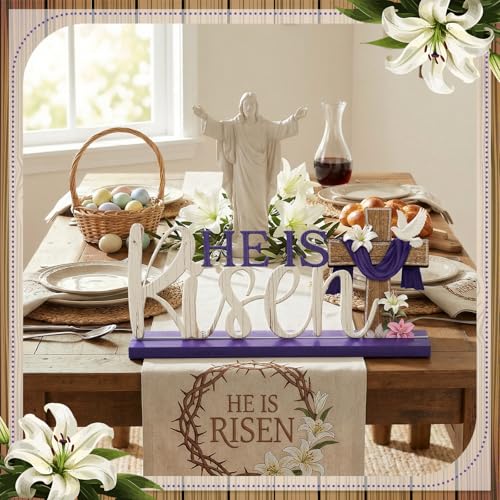 Cinnvoice He Is Risen Easter Decoration Religious Easter Table Sign Farmhouse Metal Letter Christian Tabletop Centerpiece Signs Cross Spring Tiered Tray Decorations for Office Home Party Supplies