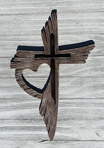 Top Brass Rustic One Love Decorative Heart Wall Cross - Multi Layered Weathered Wood Look Spiritual Jesus Art Sculpture