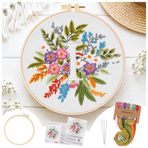 Zerzsy 7.87 '' Embroidery Kits Plant Flower Leaf English Letter Patterns for Beginners Adults, Easy to Learn Cross Stitch Kit for Home Office Decor - color: Letter I