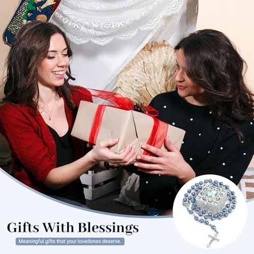 Blue Pearl-Style Rosary Necklace with Metal Gift Box, 8mm, 22 Inch - color: Blue