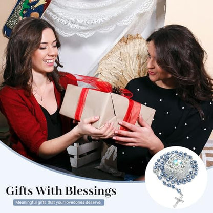 Blue Pearl-Style Rosary Necklace with Metal Gift Box, 8mm, 22 Inch - color: Blue