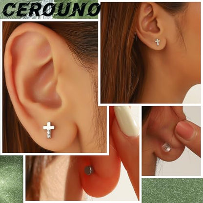 CEROUNO Flat Back Stud Earrings - 925 Sterling Silver Post Flatback Earrings Gold Silver Cubic Zirconia Earrings Studs for Women - color: Silver Cross