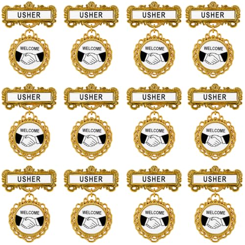 12 Pcs Usher Badges for Church with Pin on Back Gold Tone Fancy Round