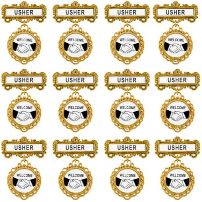 12 Pcs Usher Badges for Church with Pin on Back Gold Tone Fancy Round