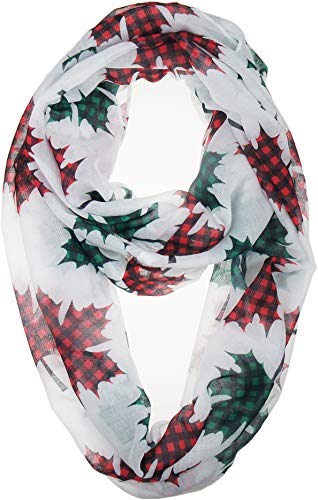 VIVIAN & VINCENT Gift Wrapped Fall Winter Soft Lightweight Holiday Sheer Infinity Christmas Scarf for Women Girls - color: Plaid Maple Leaf Red and Green
