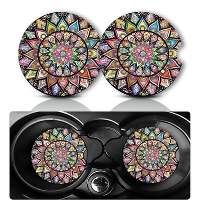 2Pcs Boho Mandala Car Coasters,2.75" Neoprene Cars Cup Holder Coasters - color: Colorful Mandala