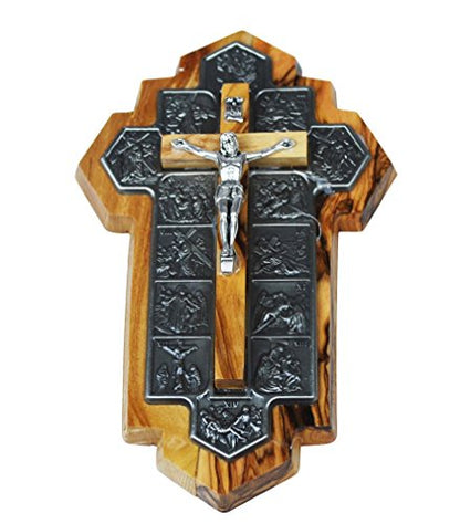 Olive Wood Crucifix - icon showing 14 Stations of the Cross etched on metal (14x9x1 cm or 5.5x3.5x.4 inch) - size: 5.5"L x 3.5"W