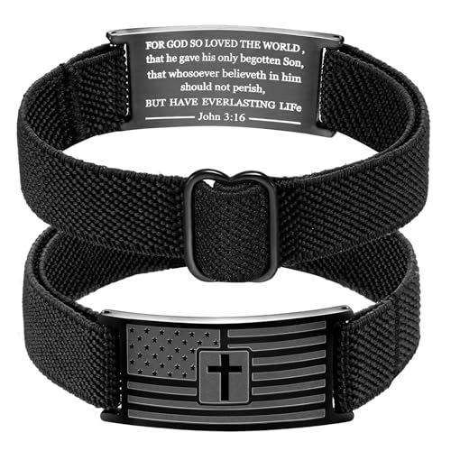 Easter Basket Stuffers - American Flag Cross Bracelet for Boys Men Freedom Adjustable Strap Christian Bracelets Engraved Bible Verses Inspirational Messages Religious Prayer Jewelry Gift Military Patriotic Wristbands - color: Black, size: John 3:16