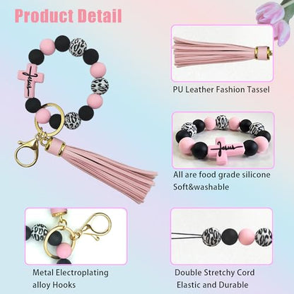 SHINYHARBOR Silicone Beaded Wristlet Keychain Bracelet,Key Wrist Keychains for Women Mom Teachers Best Friend - color: Cross-pink