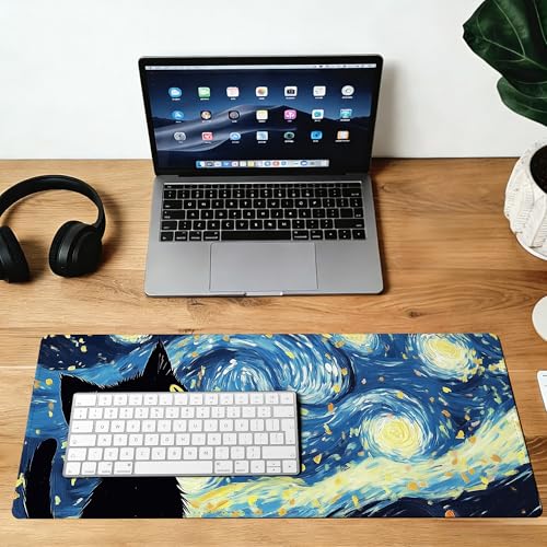 Blue Starry Night Black Cat Mouse Pad,35.4 x 15.7 Inch Large Mouse Mat Non-Slip Rubber Stitched Edges for Writing Desk,Office,Home,Laptop - color: Blue Starry Night Black Cat, size: 35.4L x 15.7W inches