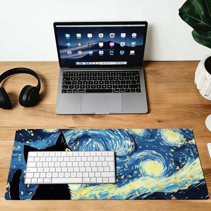 Blue Starry Night Black Cat Mouse Pad,35.4 x 15.7 Inch Large Mouse Mat Non-Slip Rubber Stitched Edges for Writing Desk,Office,Home,Laptop - color: Blue Starry Night Black Cat, size: 35.4L x 15.7W inches