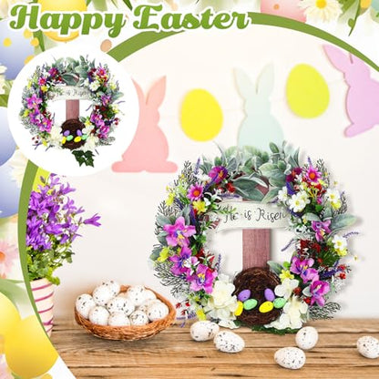 Panelee 18 Inch Easter Wreath for Front Door Cross Wreath Christian Easter Hanging Decorations He Is Risen Religious Artificial Lilies Lavender Eggs Grape Vines Sign for Spring Home Wall Door(Elegant)