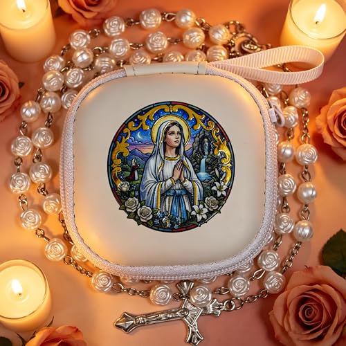 Handmade Rosary Beads for Women, Elegant Catholic Gifts for First Communion, Confirmation & Spiritual Prayer, Unique Beaded Rosary Necklace with Zippered Case - color: White - Our Lady of Lourdes