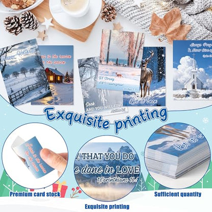 BeYumi Winter Religious Prayer Cards - 200Pcs Winter Christmas Pocket Wallet Cards Bulk with Bible Verses Inspirational Words Faith Greeting Cards for Gifts Party Sunday School Church Holiday Decor - style: Winter