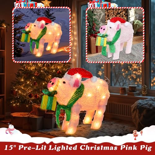 15" Lighted Christmas Pig, 3D Pre‑Lit Indoor Outdoor Decor - size: 34''*15.7''