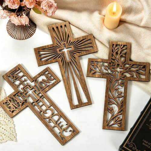 3 Pcs Wooden Cross Wall Decor, 12 Inch Wall Crosses for Christian Home