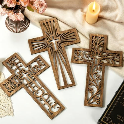 3 Pcs Wooden Cross Wall Decor, 12 Inch Wall Crosses for Christian Home