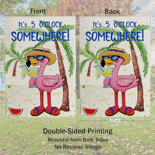 Hello Summer Garden Flag It's 5 O'Clock Somewhere Flamingo12x18in - color: Pink Summer