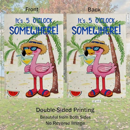 Hello Summer Garden Flag It's 5 O'Clock Somewhere Flamingo12x18in - color: Pink Summer