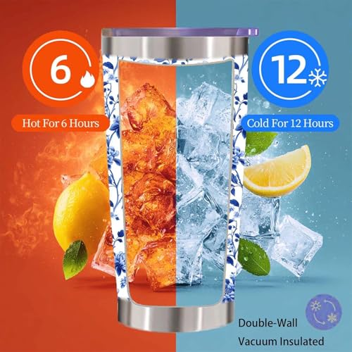 Blue and White Chinoiserie Floral Tumbler 20 oz, Peony Insulated Stainless Steel Cup with Lid and Straw, Botanical Travel Coffee Mug, Gifts for Women Mom, Flower Lovers - color: Blue Floral