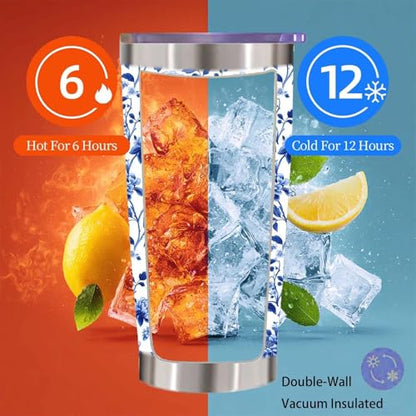 Blue and White Chinoiserie Floral Tumbler 20 oz, Peony Insulated Stainless Steel Cup with Lid and Straw, Botanical Travel Coffee Mug, Gifts for Women Mom, Flower Lovers - color: Blue Floral