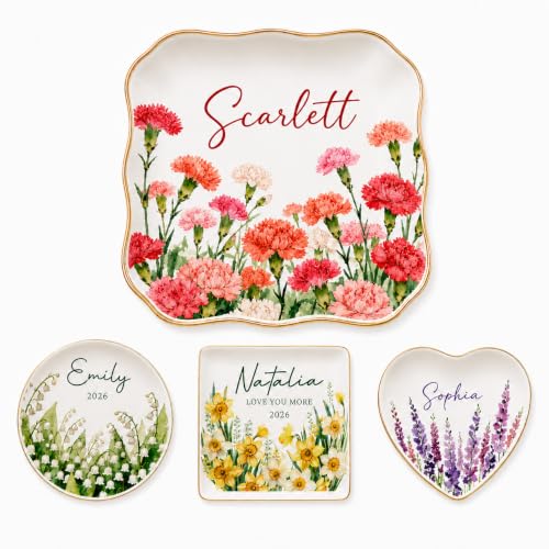 Personalized Ceramic Ring Dish with Name and Birth Flower, Custom Jewelry Tray Trinket Dish for Rings Earrings Necklaces Keys, Birth Month Flower Gift for Mom Bridesmaid Wife Best Friend - color: Birth Month Jewelry Dish