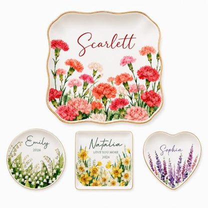 Personalized Ceramic Ring Dish with Name and Birth Flower, Custom Jewelry Tray Trinket Dish for Rings Earrings Necklaces Keys, Birth Month Flower Gift for Mom Bridesmaid Wife Best Friend - color: Birth Month Jewelry Dish