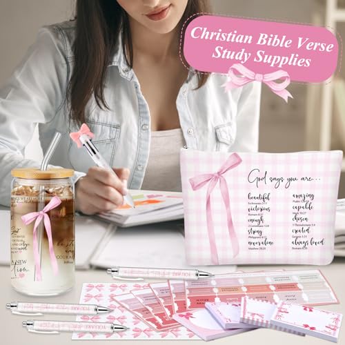 Watersay 64 Pcs Coquette Pink Bow Gift for Women Christian Pink Bow Birthday Gifts Baskets 16 oz Tumblers Preppy Makeup Bag Multicolor Ballpoint Pen Sticky Notes Stickers for Her Friends Sisters - style: Pink Bow