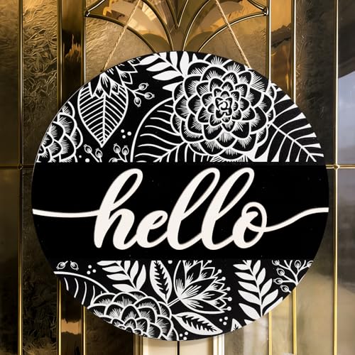 JarThenaAMCS Flower 3D Welcome Door Sign White Black Floral Wooden Hanging Sign Rustic Round Door Hanger for Spring Indoor Outdoor Farmhouse Home Porch Window Wall Decor, 12 Inch - style: Hello Flower