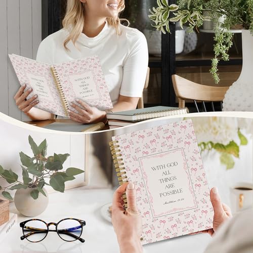 YLZlhb Pink Bow Floral Christian Spiral Notebook Journal, Religious Notebooks for Note Taking, Christian Gifts for Women, with God All Things Are Possible Hardcover Spiral Journal 5.5x8.3 Inches - color: with god