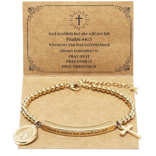 DS Women Christian Charm Bracelet,Cross Scripture Stainless Steel Jewelry - style: God is Within Her She Will Not Fall-Gold