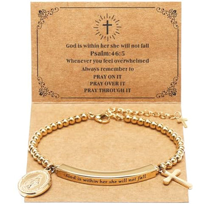 DS Women Christian Charm Bracelet,Cross Scripture Stainless Steel Jewelry - style: God is Within Her She Will Not Fall-Gold