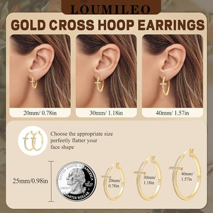 LOUMILEO Sterling Silver Cross Hoop Earrings for Women Rhinestone 20-40MM - color: Gold 40MM