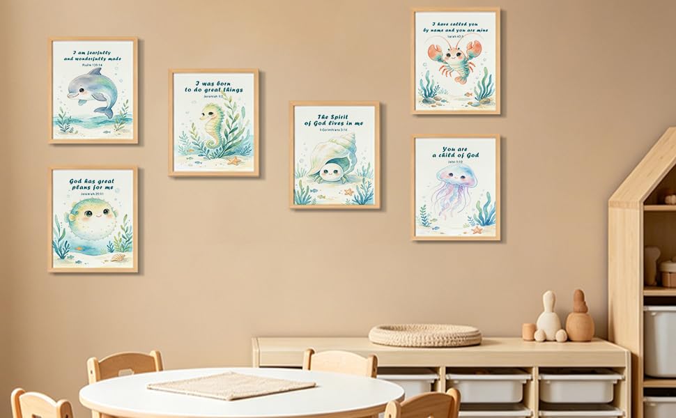 6Pcs Watercolor Sea Animal Bible Verse Nursery Unframed Wall Art Print Set - color: Lobster Shell