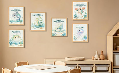 6Pcs Watercolor Sea Animal Bible Verse Nursery Unframed Wall Art Print Set - color: Lobster Shell