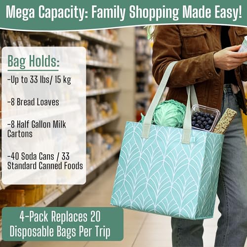 VENO 4 Pack Large Grocery Bag Reusable Shopping Bags with Hard Bottom - color: Evergreen