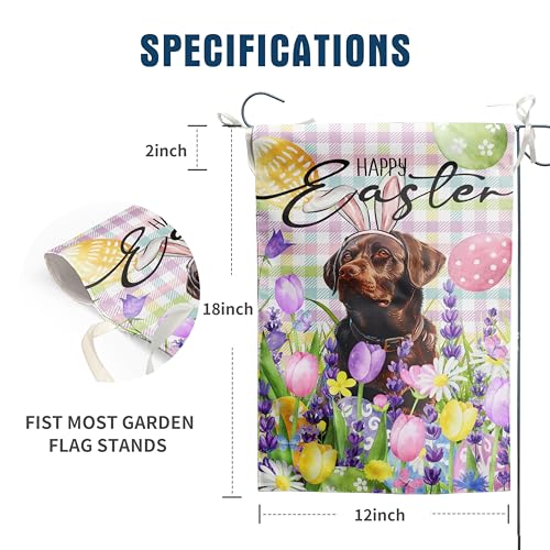 Happy Easter Labrador Dog Garden Flag Chocolate Lab Spring Flags Buffalo Plaid Bunny Eggs Yard Flag for Outside 12x18 Double Sided Small Decorative Floral Outdoor Flag - color: easter-chocolate