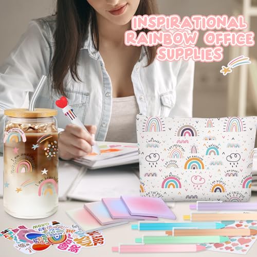Watersay 64 Pcs Rainbow Inspirational Gifts for Women 16oz Glass Cup with Lid Straw Motivational Canvas Makeup Bag Pens Sticky Notes Stickers Stationery Accessories for Back to School - style: Rainbow
