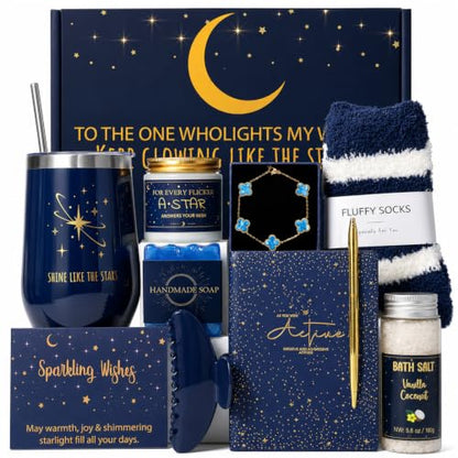 Starry Sky Good Luck Gifts Baskets, 10Pcs Self Care Birthday Gift for Women - color: Starry Blue