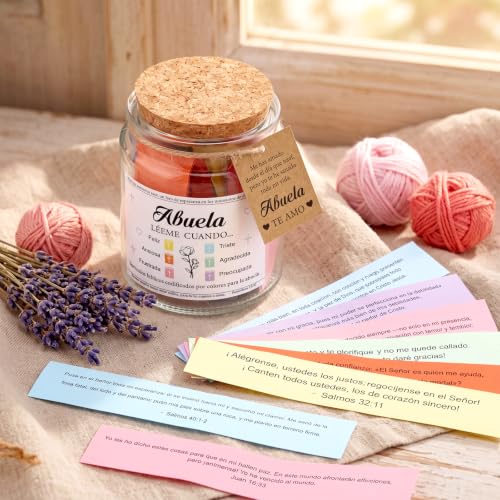 Lunmon Spanish Bible Verse Jar for Grandma Abuela 96 Color Coded Scripture Cards Daily Encouragement Prayer Jar Christian Gifts for Abuela Grandma Religious Birthday Christmas Gift for Grandmother - style: Grandmother