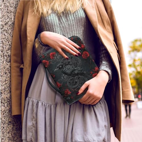 Faux Leather Bible Cover Church Bible Bag with Bookmarks Black Raven Red Rose Print Book Covers Carrying Bible Case with Zippered Pockets for Prayer Christian Study, XL - color: Black Raven Red Rose, size: X-Large