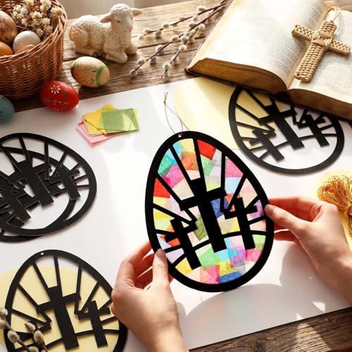 DoubleFill 36 Sets Religious Easter Crafts Easter Egg Cross Suncatchers Kit Christian Jesus Cross Crafts Lent Tissue Paper Stained Glass Effect Window Art for Church Home Decor Ornament Party Art - style: Easter Cross