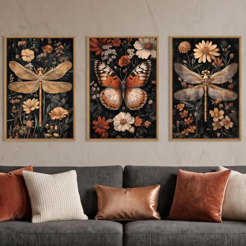 Aryroi Vintage Butterfly Dragonfly Framed Canvas Wall Art Set, Moody Dark Academia Animal Floral Botanical Wall Decor, Retro Insect Flower Wildlife Artwork for Living Room,Bedroom,Farmhouse- 24"x36"x3 - color: Black boho Floral Wall Art, size: 24"L x 36"W