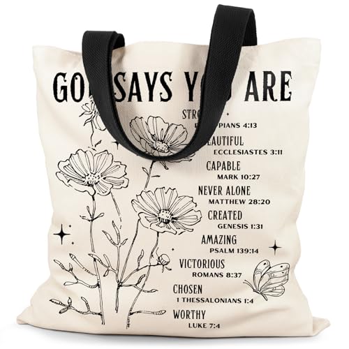 Canvas Tote Bag Aesthetic for Women, Cute Tote Bag with Zipper Pocket, Heavy Duty Reusable Shopping Bags for Grocery - color: 05-bible God Says