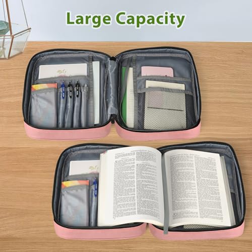 GERMUN Bible Cover with Durable Handle, Carrying Book Case Church Bag Bible, Protective with Zippered Pocket, Bible Study Accessories Supplies, Book Protector for Book Lovers, pink - color: Pink