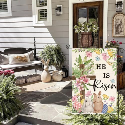 AVOIN colorlife Bunnies Cross He Is Risen Easter Garden Flag 12x18 Inch - size: Garden Size-12 x 18"