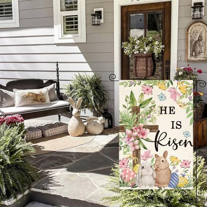 AVOIN colorlife Bunnies Cross He Is Risen Easter Garden Flag 12x18 Inch - size: Garden Size-12 x 18"